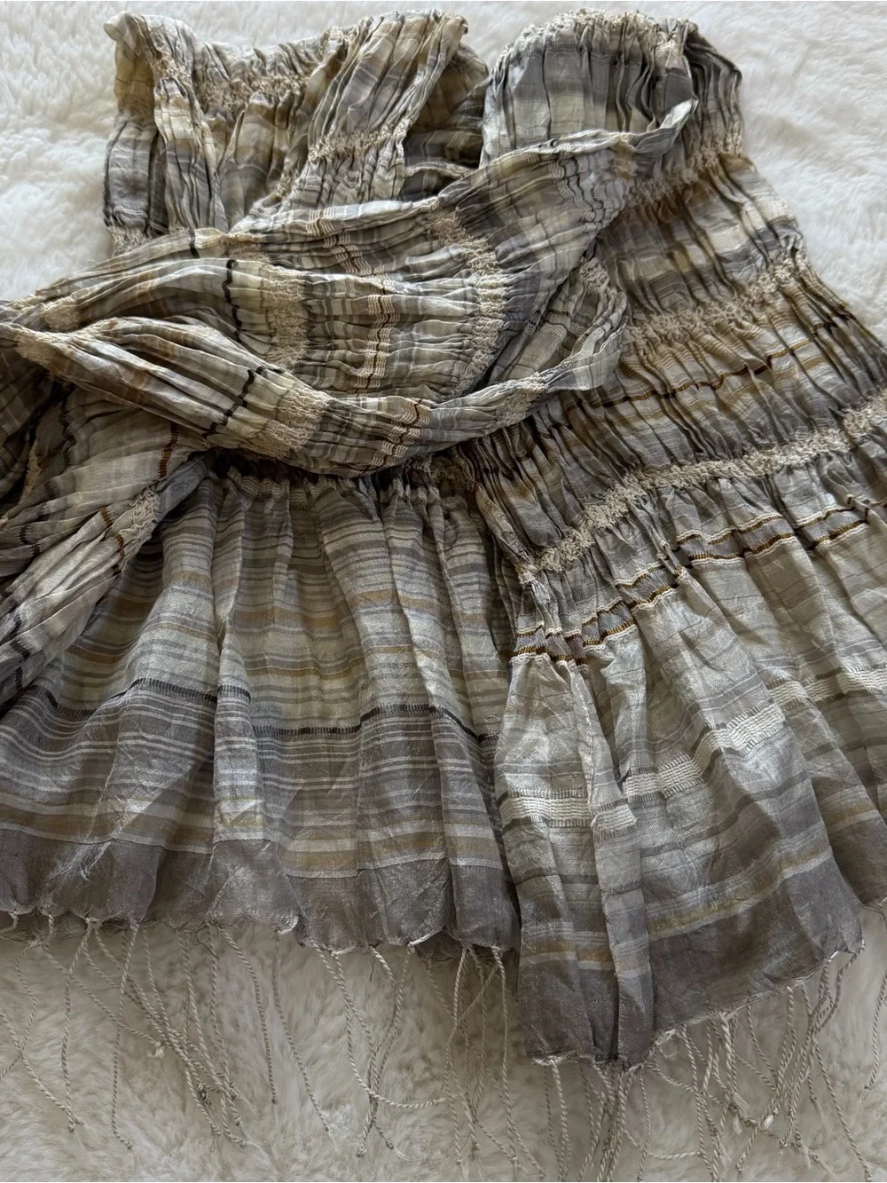 Eileen Fisher 100% Silk Crinkle Scarf Wrap Gray Taupe Stripe Fringe MSRP $179